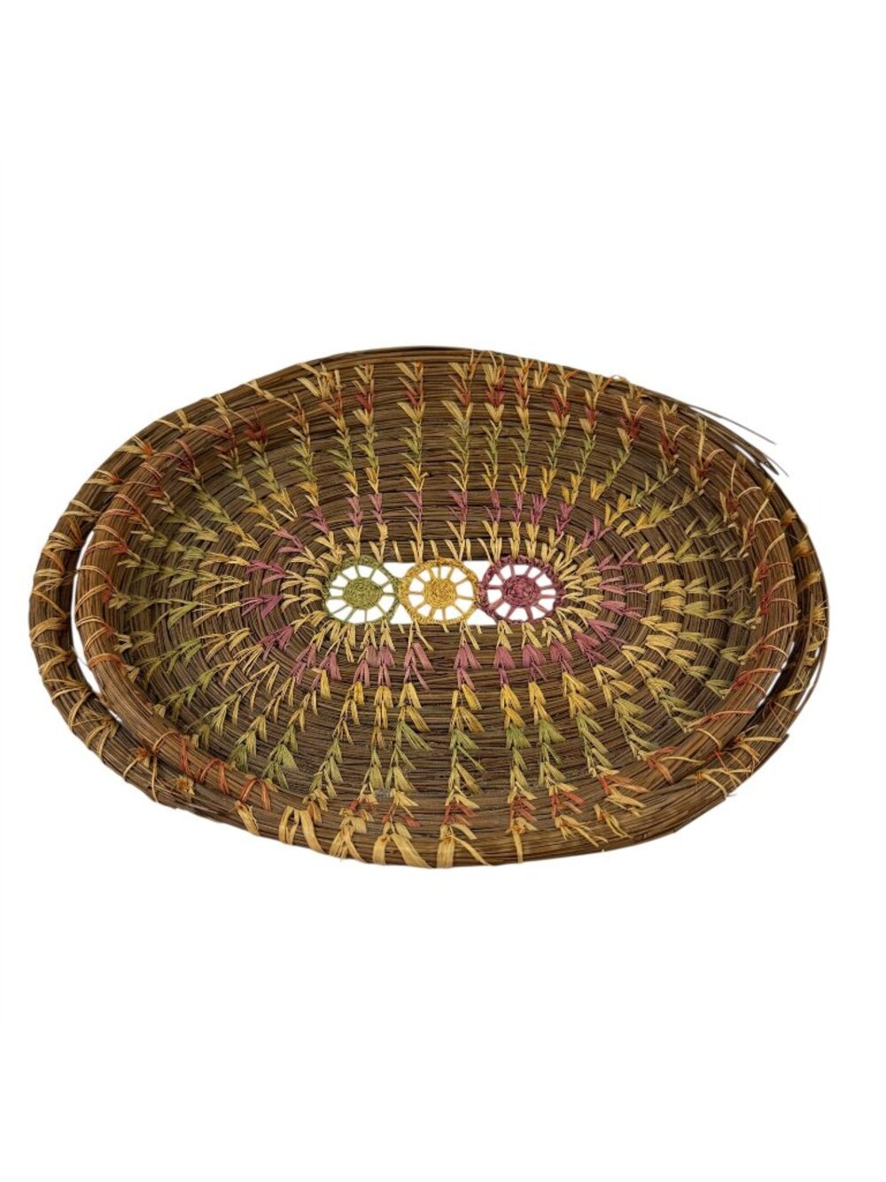 Native American Woven Pine Needle Basket Tray with Handles Vintage